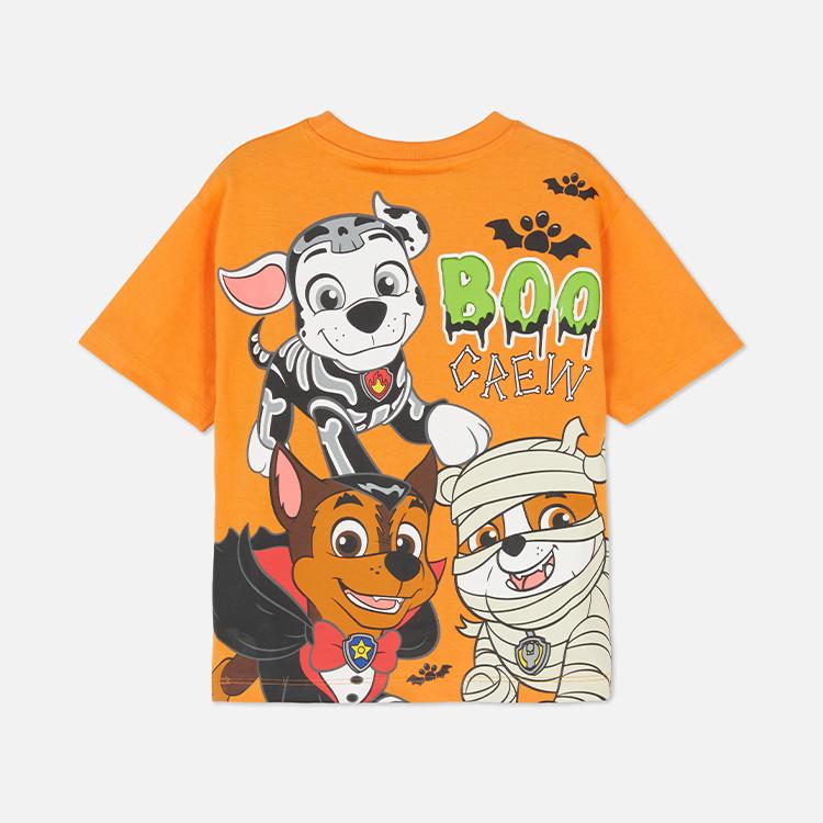 Orange children's t-shirt featuring Paw Patrol characters dressed in Halloween costumes with "BOO CREW" text.