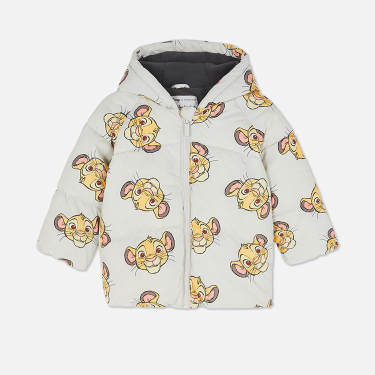Children's padded jacket with hood featuring Disney's Simba character pattern on light grey fabric.
