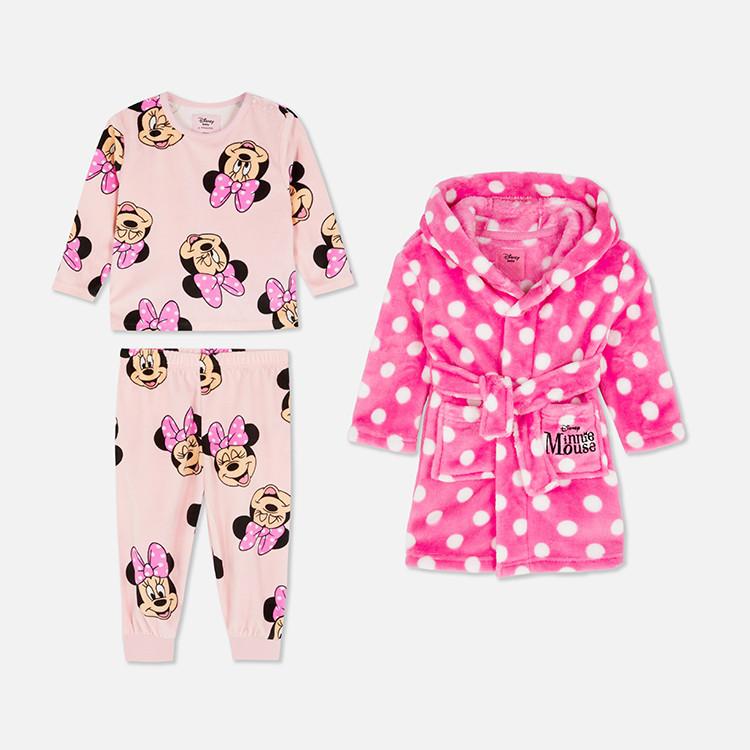 Disney Minnie Mouse pink pyjama set featuring printed top, matching bottoms and polka dot dressing gown.
