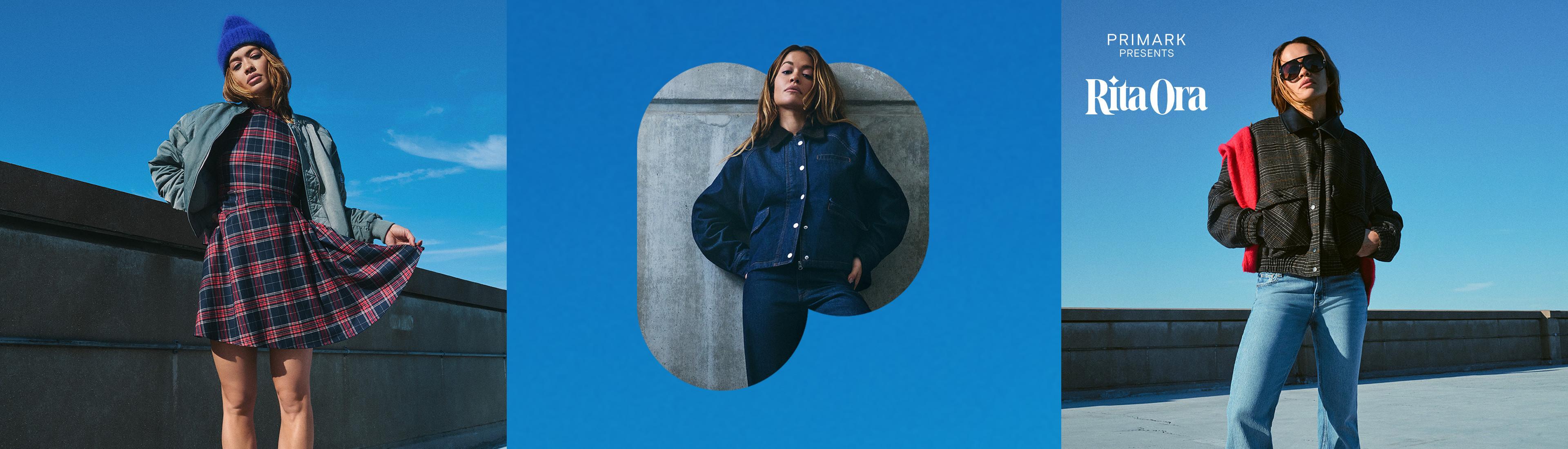 Primark presenta tres conjuntos de otoño: un elegante vestido a cuadros con un gorro, una chaqueta vaquera y una chaqueta a cuadros con unos vaqueros.