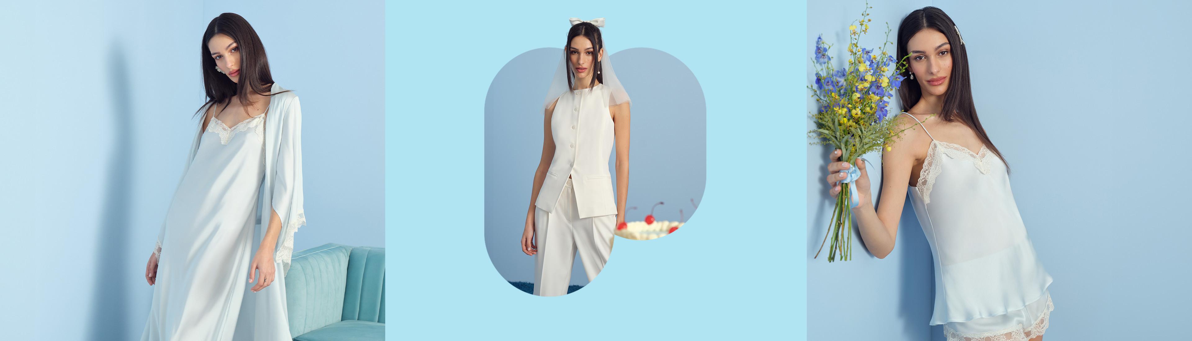 Three models in white outfits: a long nightgown and robe, a sleeveless blazer and white pants, and a lace trim pajama cami and shorts set.