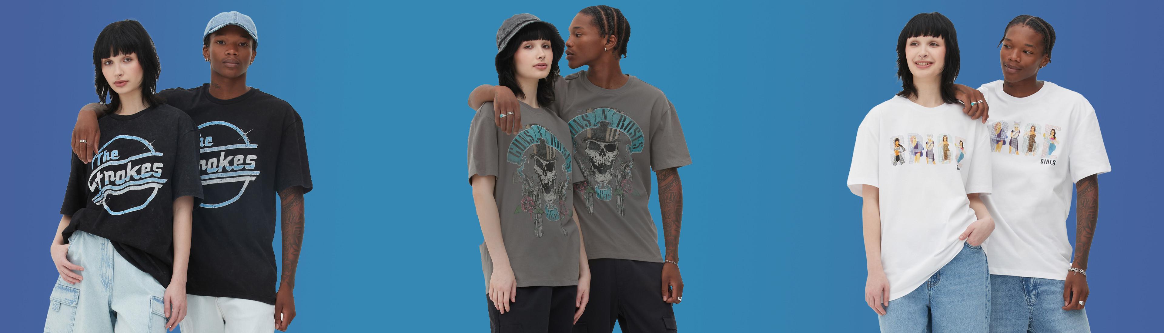 Modelli che indossano T-shirt di gruppi musicali nere, grigie e bianche