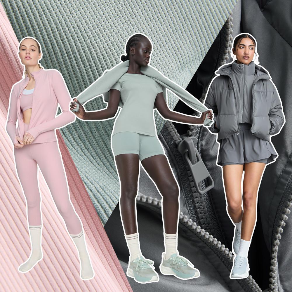 Three models wearing activewear in pink, mint green, and grey, showcasing coordinated outfits with trainers.