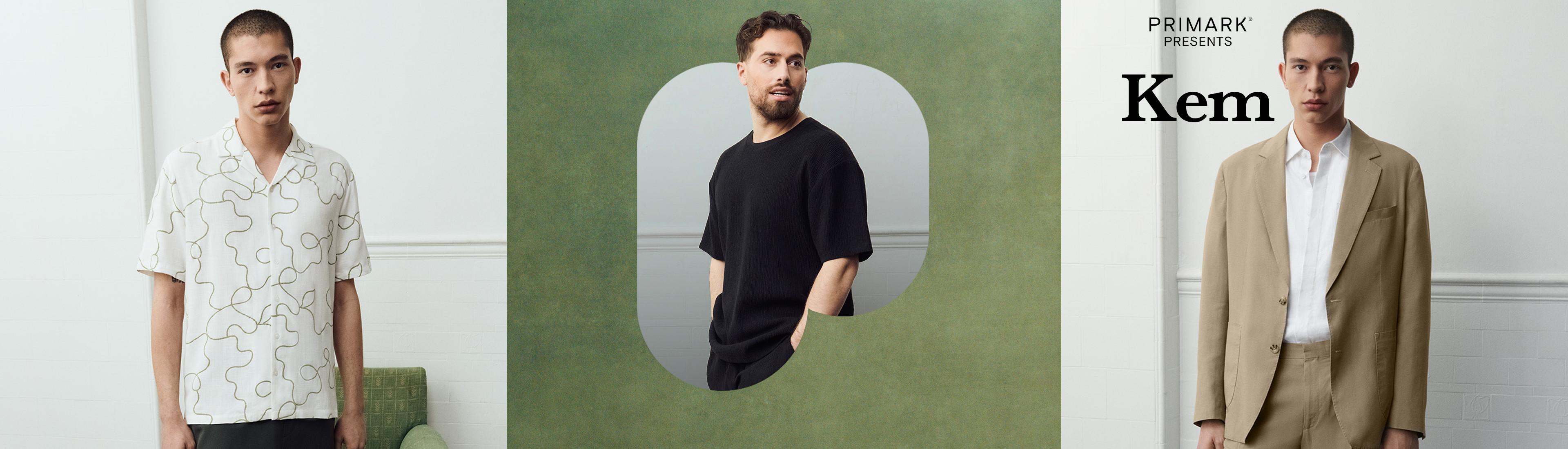 Model in weißem gemustertem Shirt, Kem in schwarzem T-Shirt und eines in einem hellbraunen Anzug.