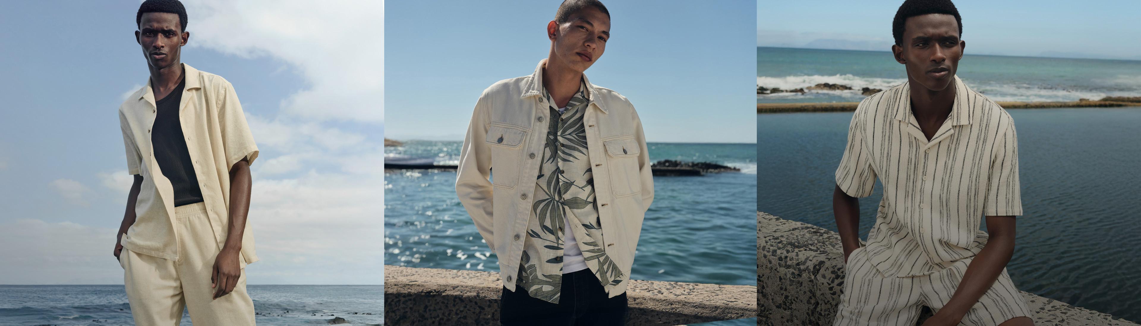 Models in drei verschiedenen Outfits: elfenbeinfarbenes Shirt mit passenden Shorts und schwarzem T-Shirt, Canvas-Jacke mit Shirt mit Blattmuster, kurzärmeliges Shirt mit Streifen und passende Shorts.