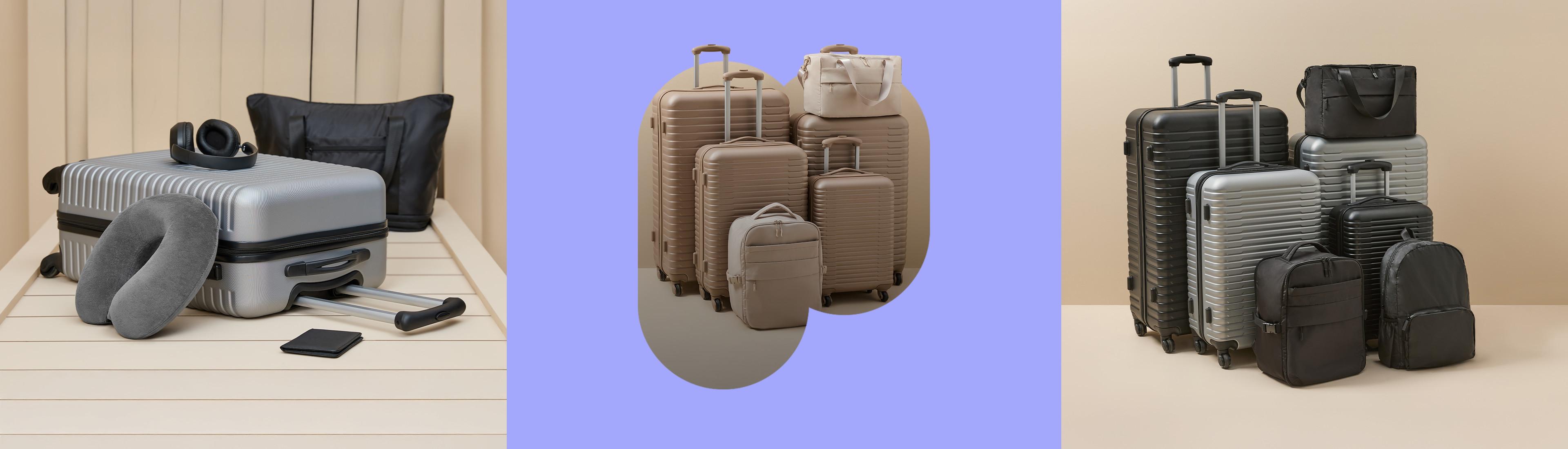 Three luggage collections displayed side by side in silver, beige, and black with matching travel bags and accessories.