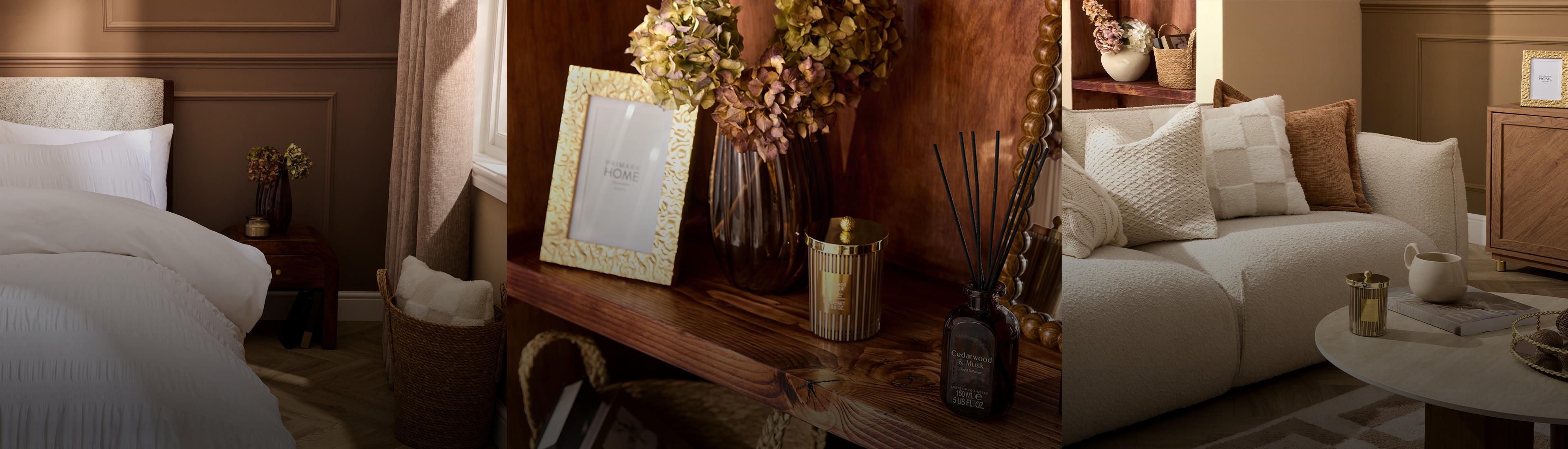 Elegant home interior featuring bedroom, decorative shelf with dried flowers, and living room with cream sofa.