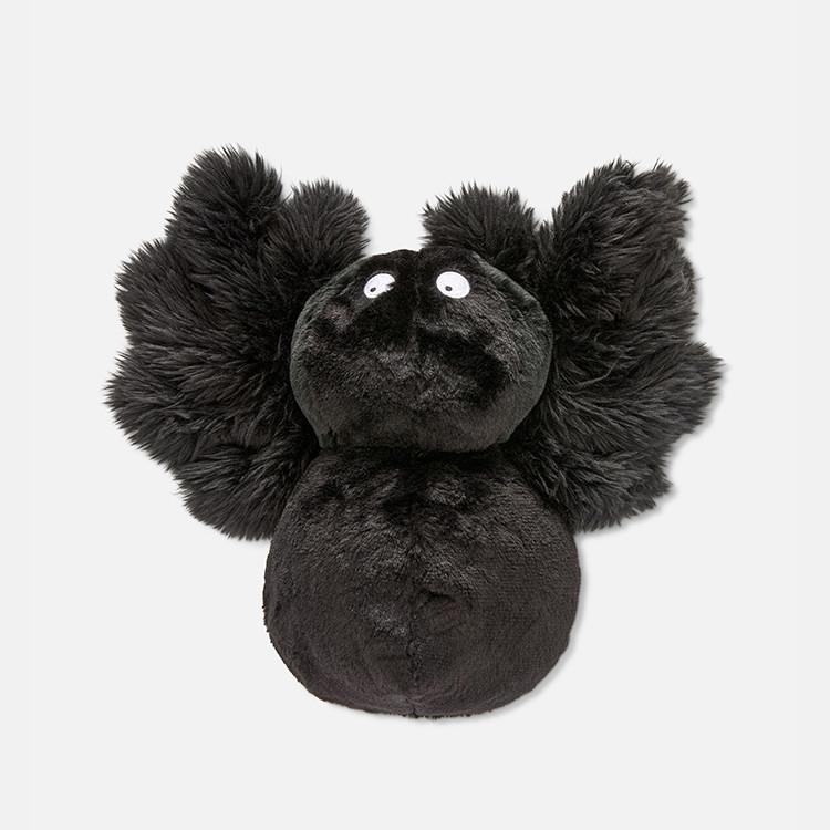 Black plush spider toy with fuzzy legs and white cartoon eyes against a plain background.