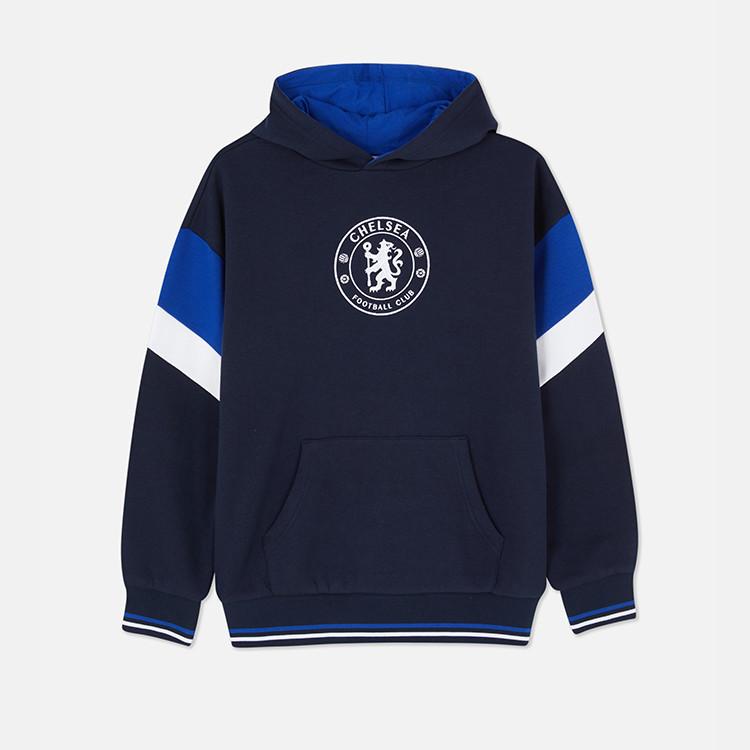 Chelsea Football Club navy hoodie with blue and white sleeve details and front kangaroo pocket.