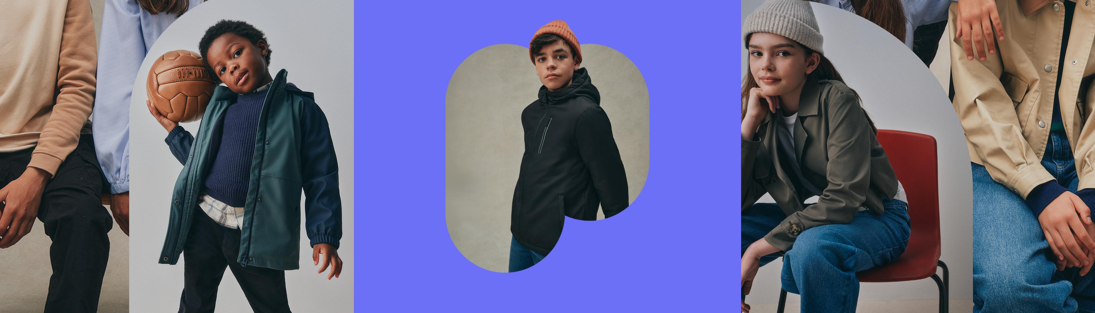 Collection of children modelling casual winter outerwear including jackets, knits and beanies.