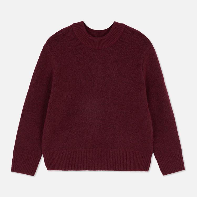 Burgundy knitted jumper with crew neck and ribbed hem and cuffs, displayed on white background.
