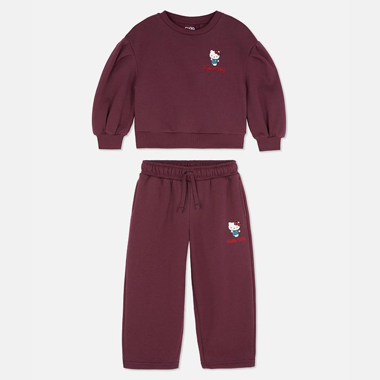 Burgundy Hello Kitty children's tracksuit featuring sweatshirt with puff sleeves and matching joggers.