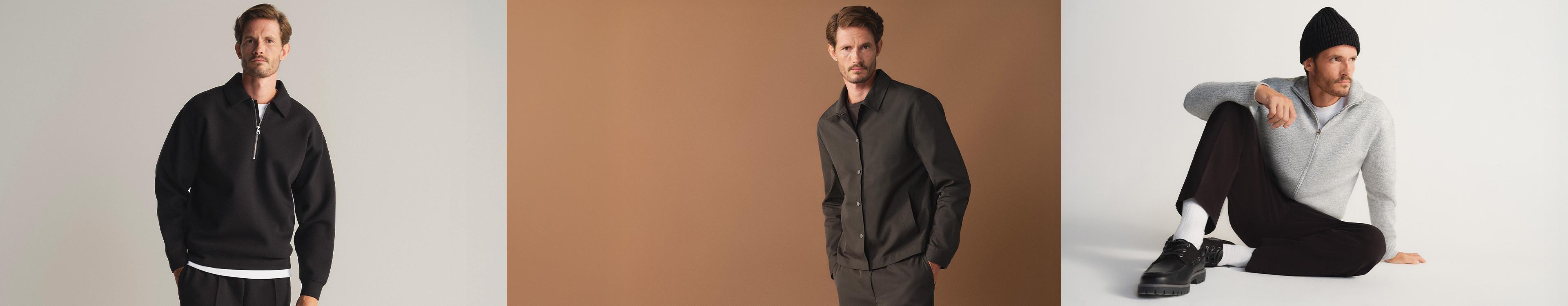 Three-panel display of men's fashion: black zip jacket, dark button-up shirt, and grey sweater with black beanie.