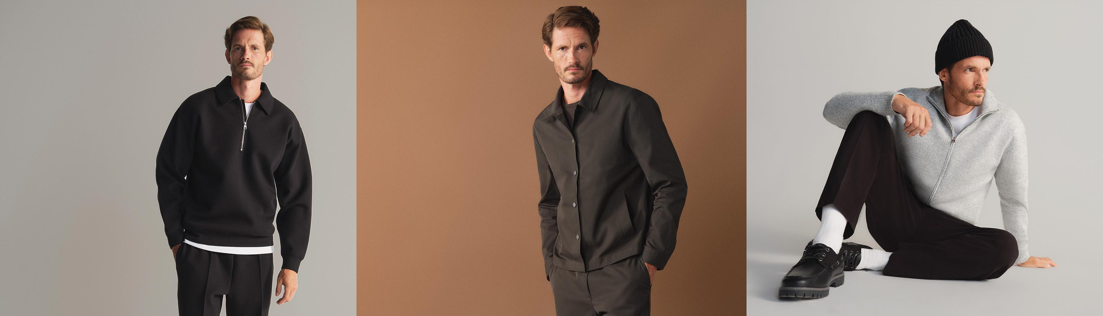 Tre outfit da uomo: maglione nero con colletto e zip, camicia verde oliva con bottoni e maglione grigio con zip e berretto nero.