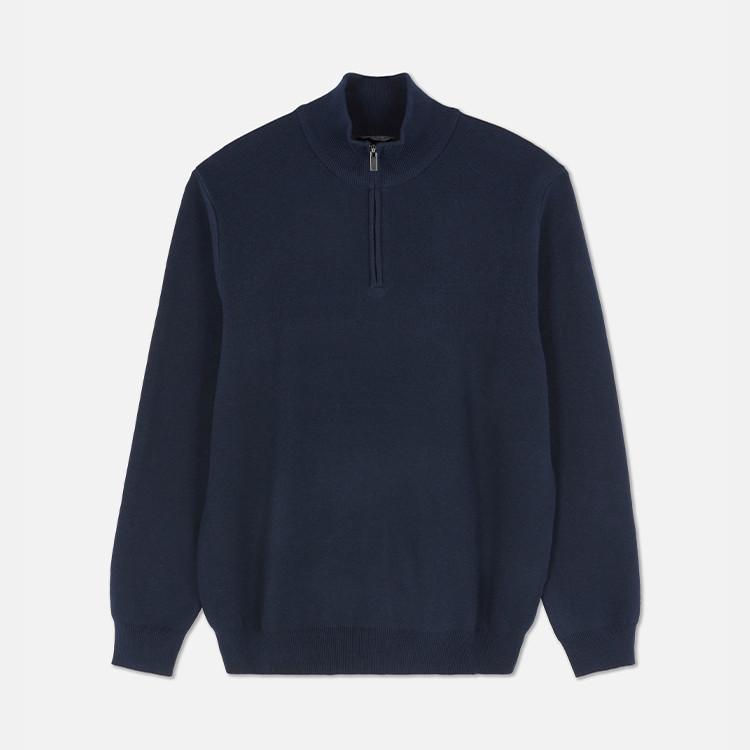 Navy blue quarter-zip pullover sweater with ribbed collar and cuffs.