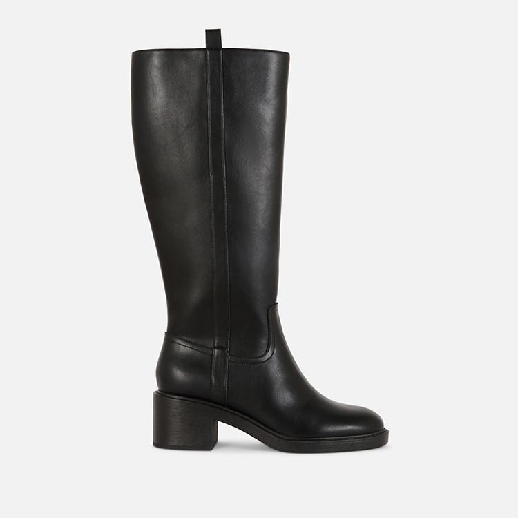 Black leather knee-high boot with block heel and pull tab, displayed in profile view against white background.