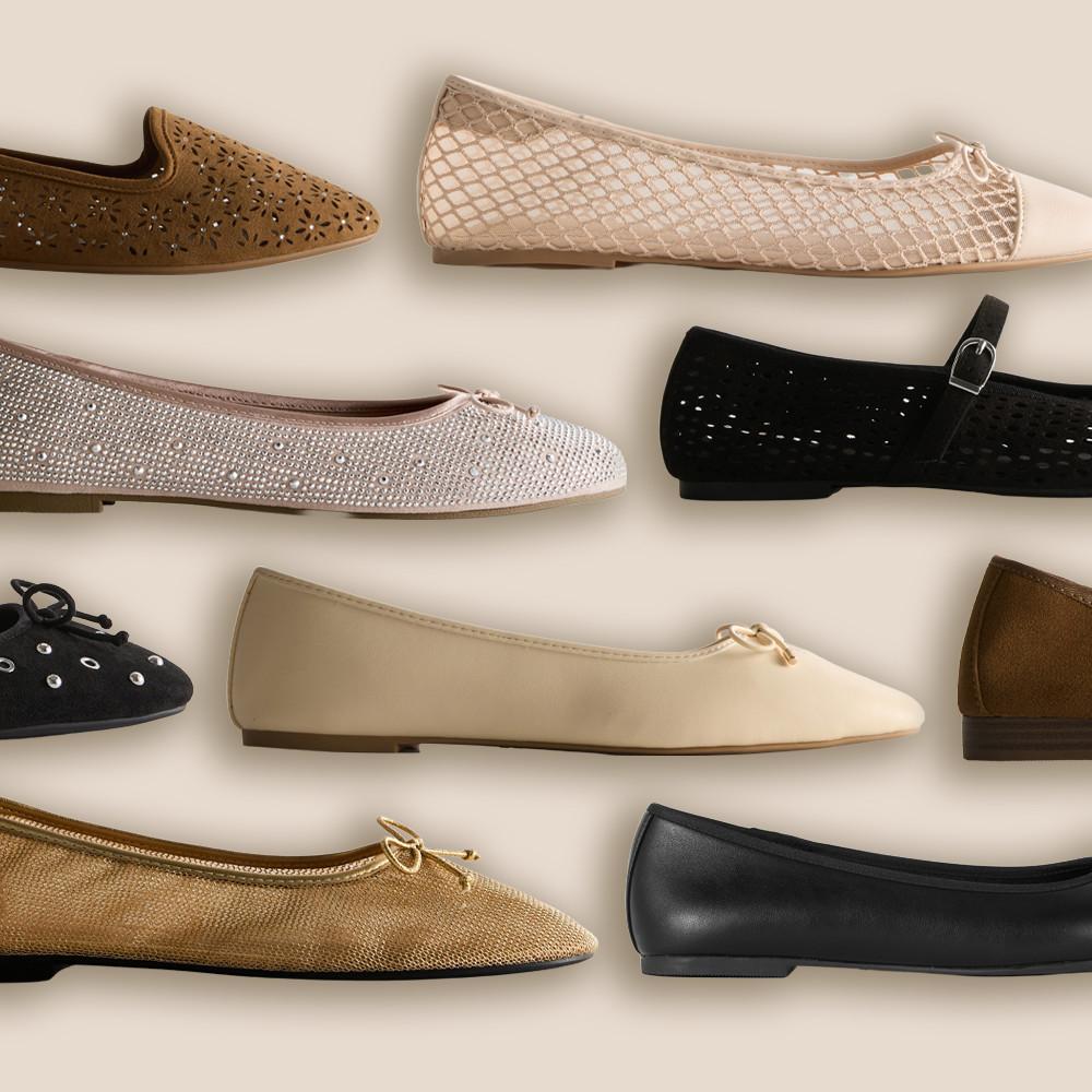 Colección de bailarinas para mujer en distintos colores y texturas, como diseños perforados, acolchados y con tachuelas.