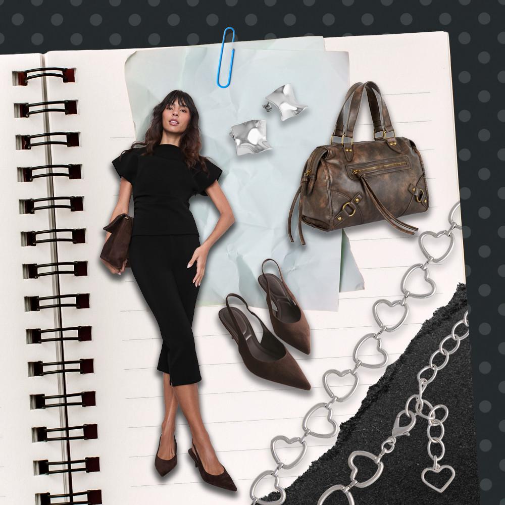 model in black outfit styled on notebook page with brown accessories including handbag, shoes and jewelry.