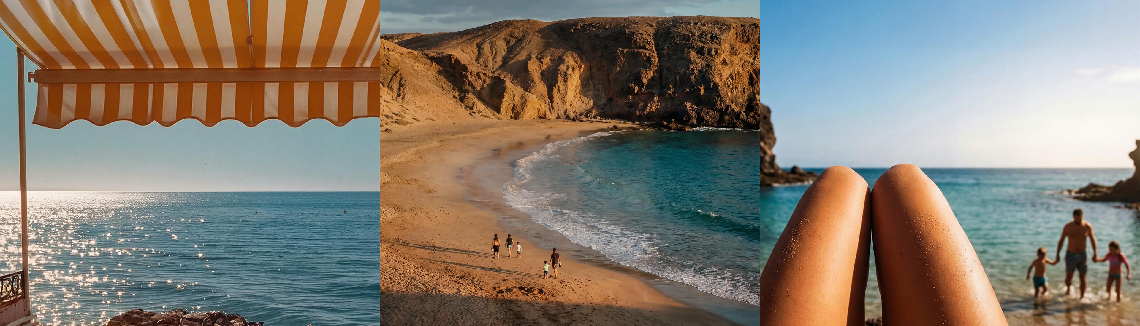 Urlaubsszenen an der Küste mit gestreifter Markise und Blick aufs Meer, einem Strand mit Klippen und einer Familie beim Paddeln im Meer.