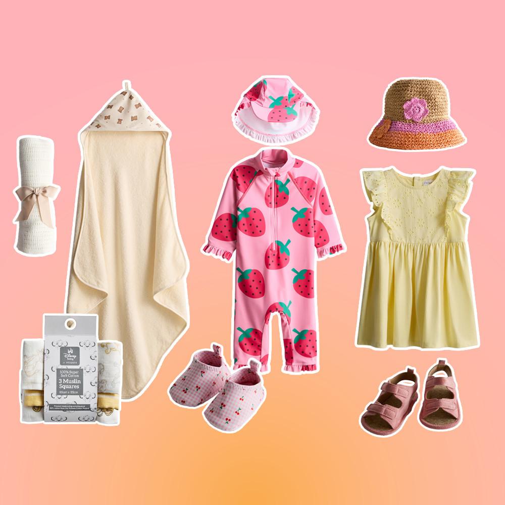 Collection of baby clothing and accessories including hooded towel, strawberry swimsuit, yellow dress and sandals.