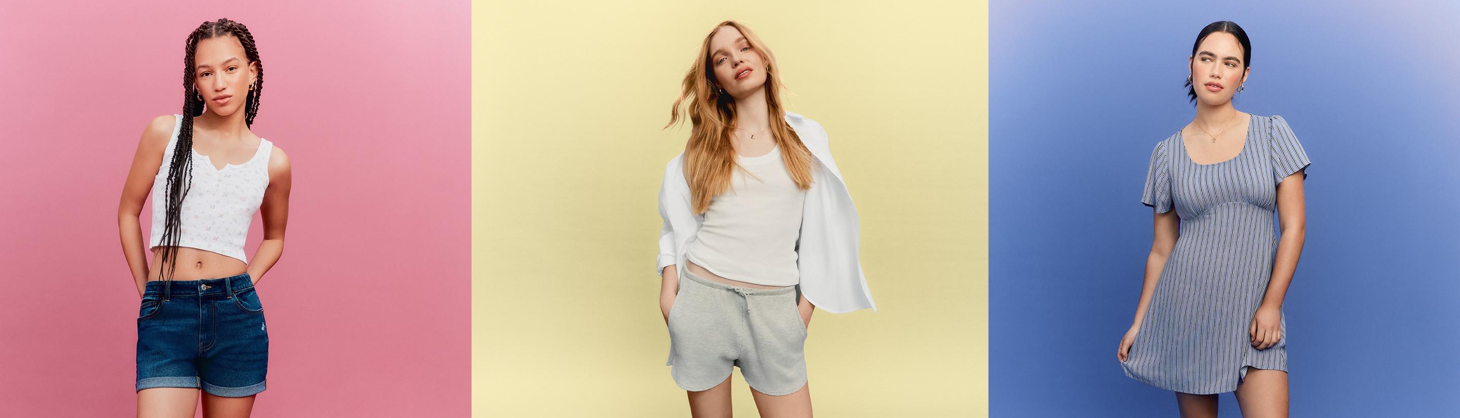Drie vrouwen in casual zomeroutfits: een witte korte top met een korte spijkerbroek, grijze loungewear met een wit jack en een grijze gestreepte jurk.