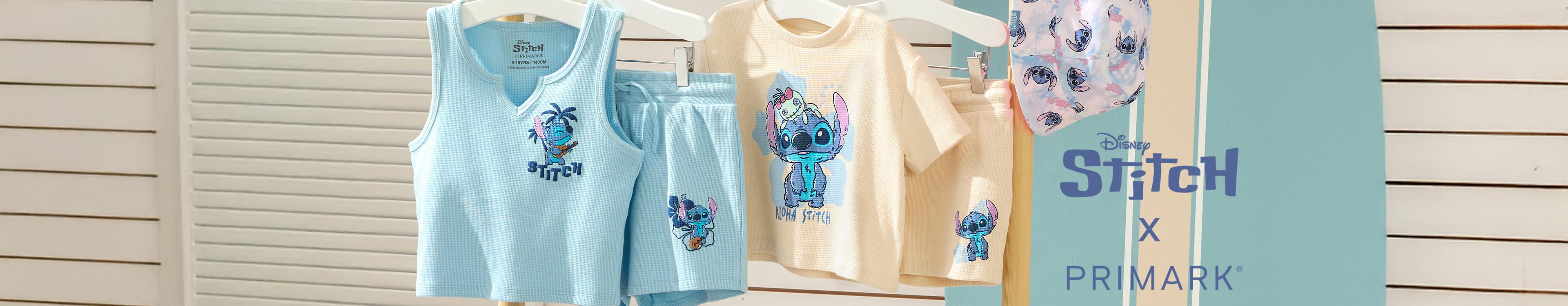 Stitch clothing sets including a blue vest and shorts and a yellow t-shirt and shorts, both with a Stitch print, also a pink bucket hat with Stitch pattern.
