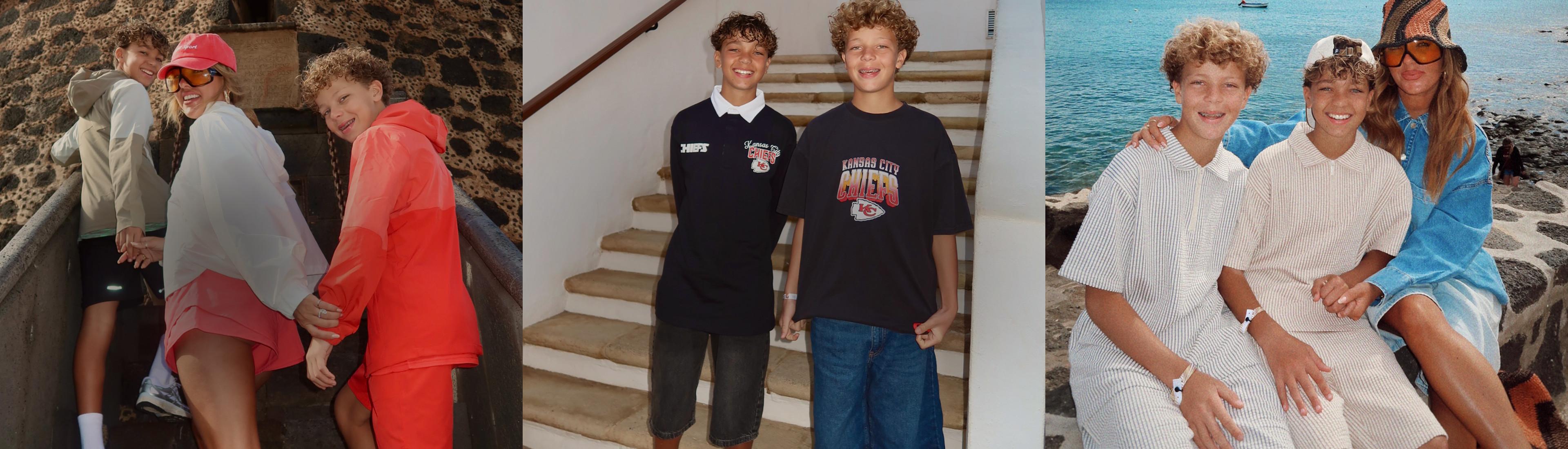Three young people wearing casual sportswear posing together outdoors and indoors in relaxed settings.