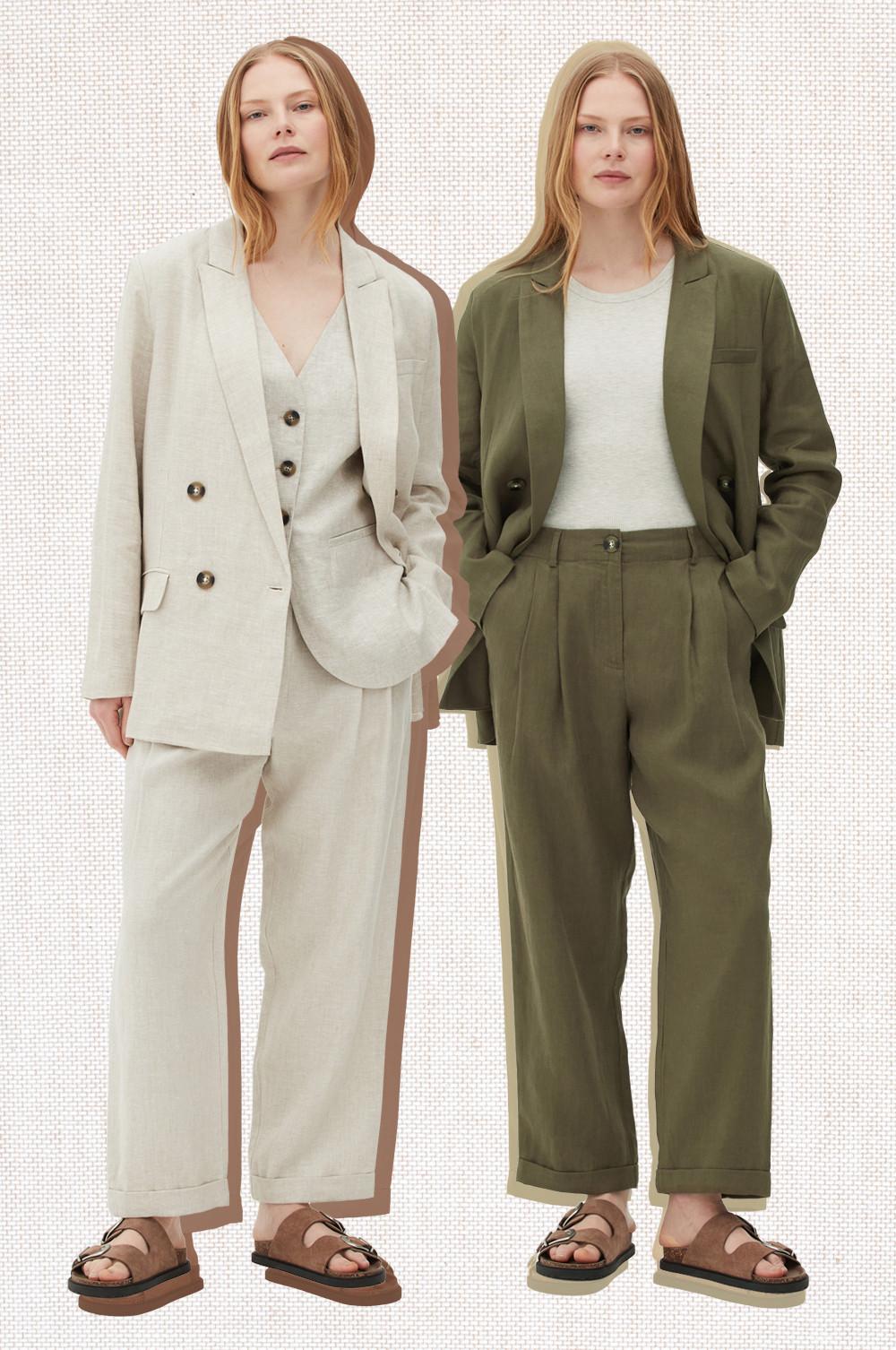 Due donne che indossano giacche e pantaloni abbinati kaki e avorio
