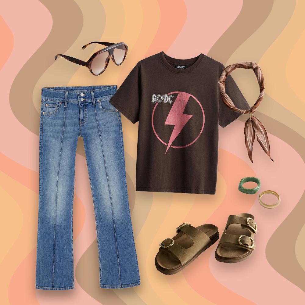 Présentation à plat d’une tenue composée d’un t-shirt AC/DC, d’un jean bleu, de lunettes de soleil aviateur, de sandales, d’un foulard et de bagues.