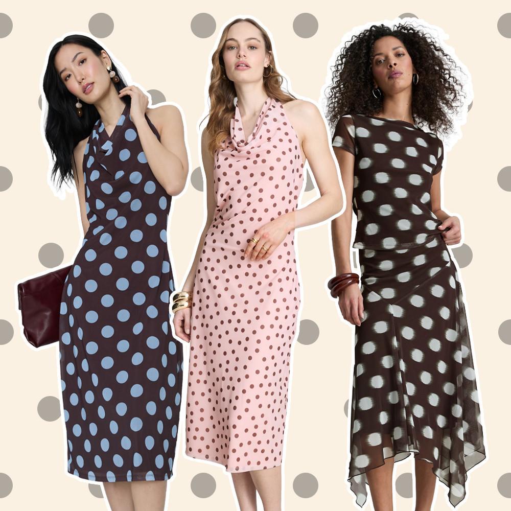 Three models wearing polka dot dresses in navy, pink and brown, styled with accessories.