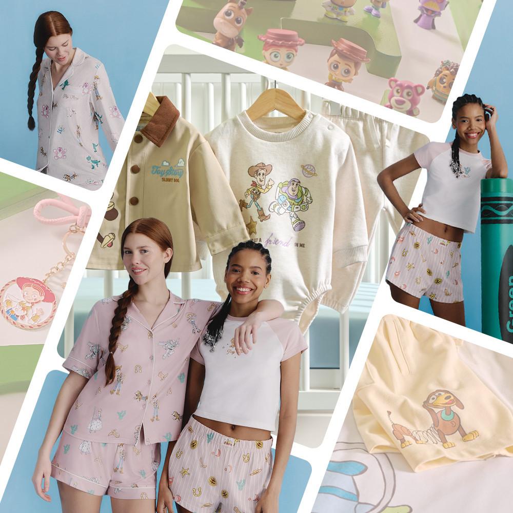Toy Story themed pajamas and accessories collection featuring Woody and Buzz Lightyear designs on various items.
