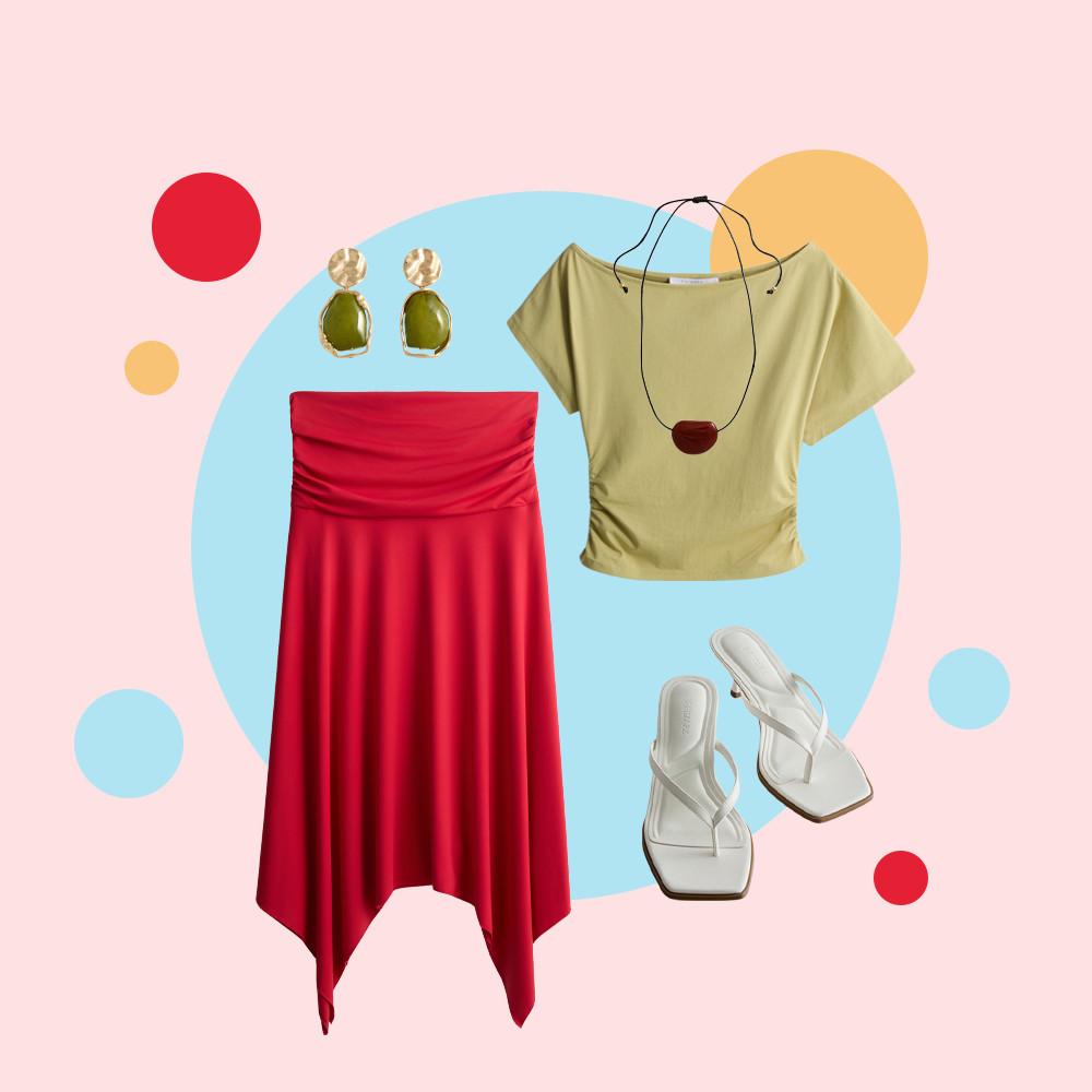 Outfit flatlay featuring red asymmetric skirt, olive green T-shirt with necklace, white sandals and earrings.