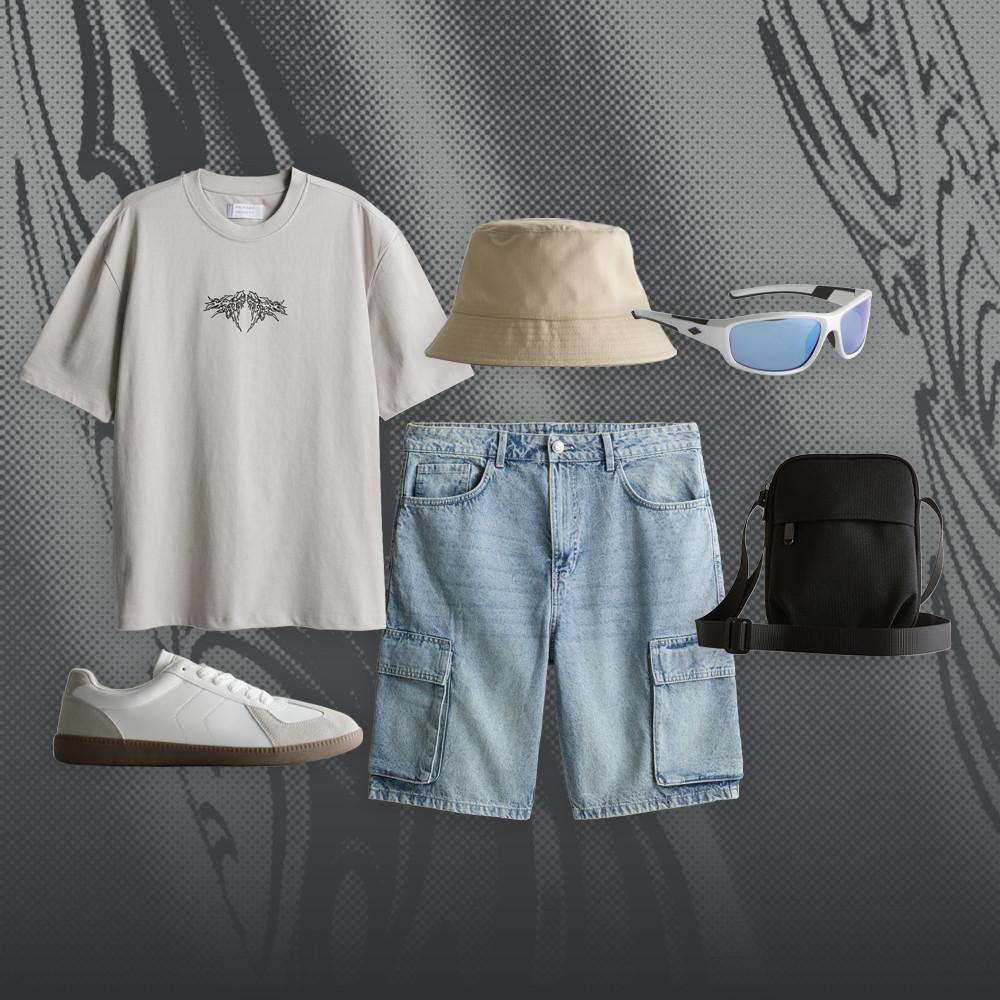 Casual summer outfit with beige t-shirt, denim cargo shorts, bucket hat, sunglasses, trainers and crossbody bag.