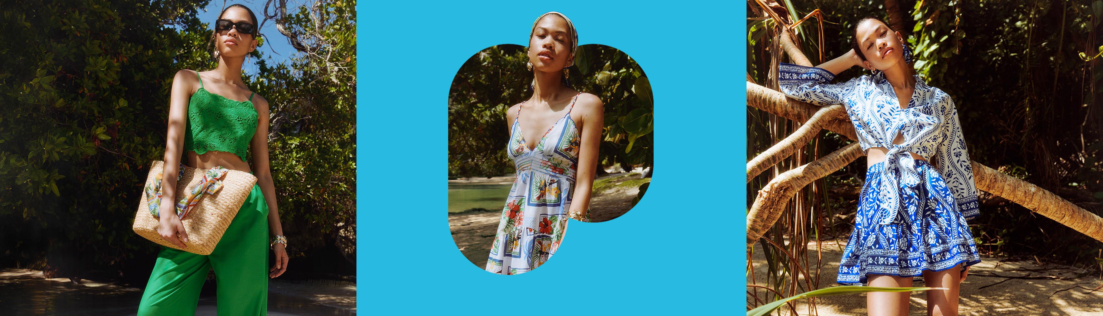 Tres imágenes de modelos con conjuntos veraniegos, tales como vestidos y prendas a juego