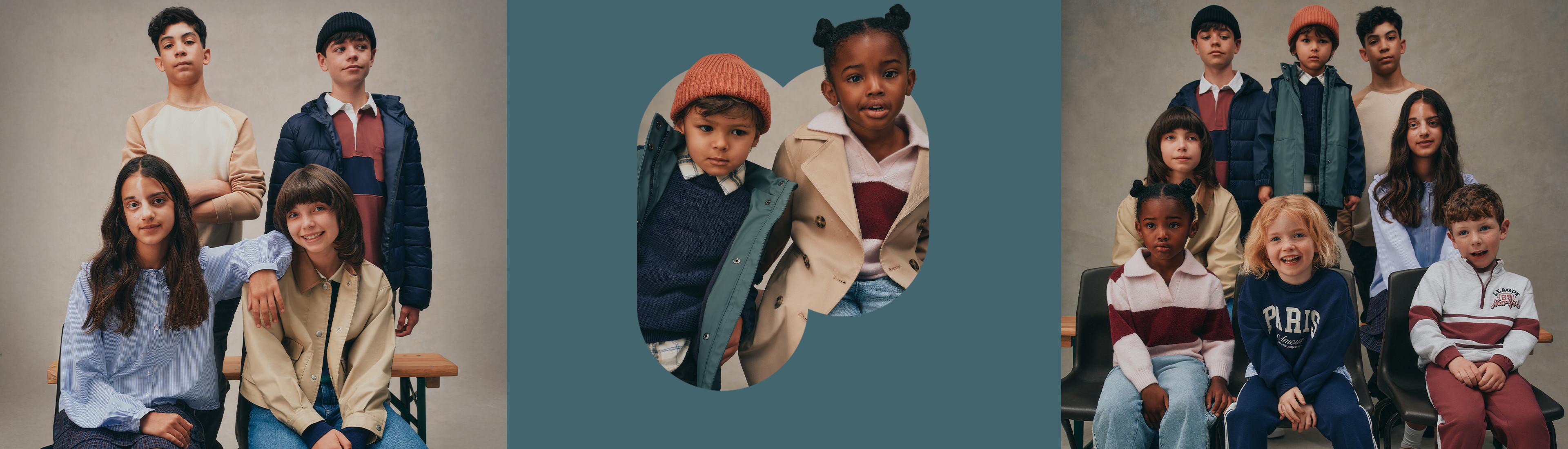 Crianças com roupas elegantes de outono, incluindo casacos, camisolas e roupas informais em tons neutros.