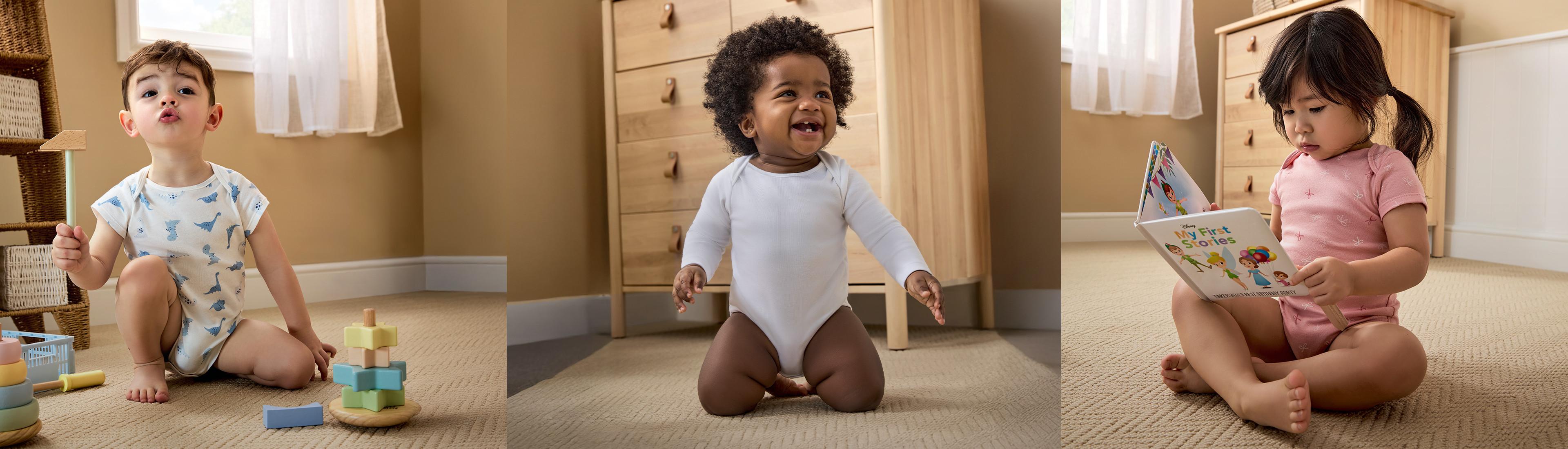Mannequin portant un ensemble à imprimé tropical carte postal et tenant un bébé dans ses bras devant une cabane de plage. Le bébé porte une tenue assortie à celle de la mannequin