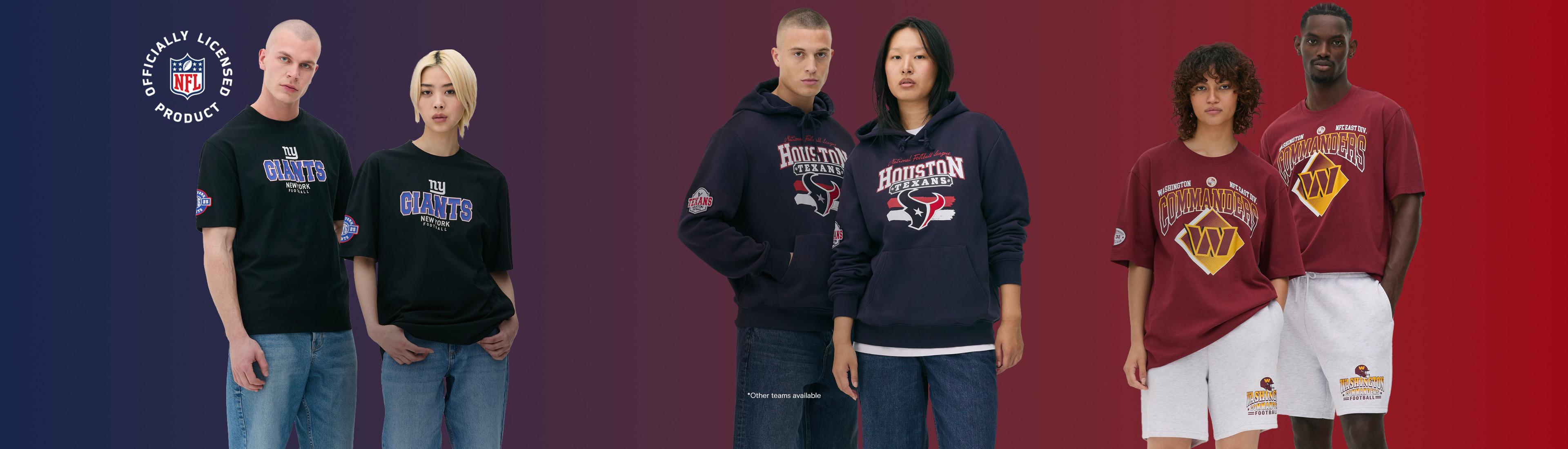 Models wearing NY Giants, Houston Texans and Washington Commanders tops and hooded sweatshirts