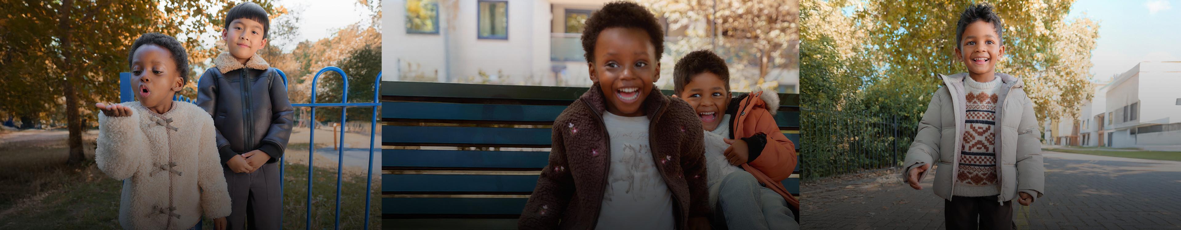 Children wearing autumn outerwear including cosy jackets and patterned knitwear, playing outdoors.
