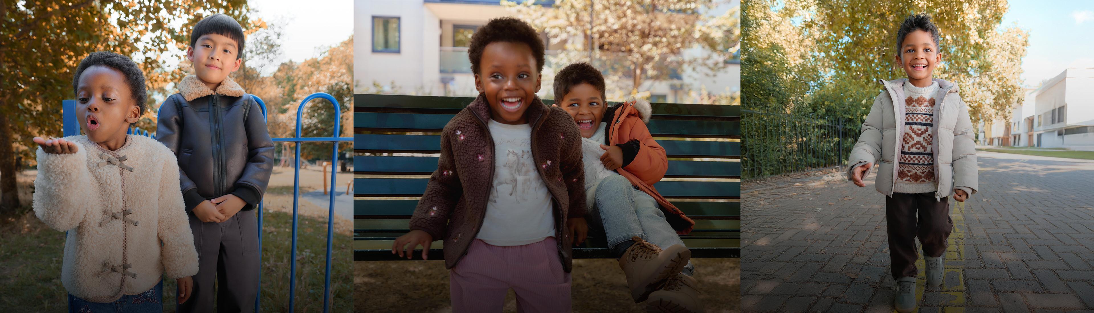 Enfants portant des vêtements d'extérieur d'automne, avec manteaux duveteux, vestes en cuir et pulls à motif en extérieur.