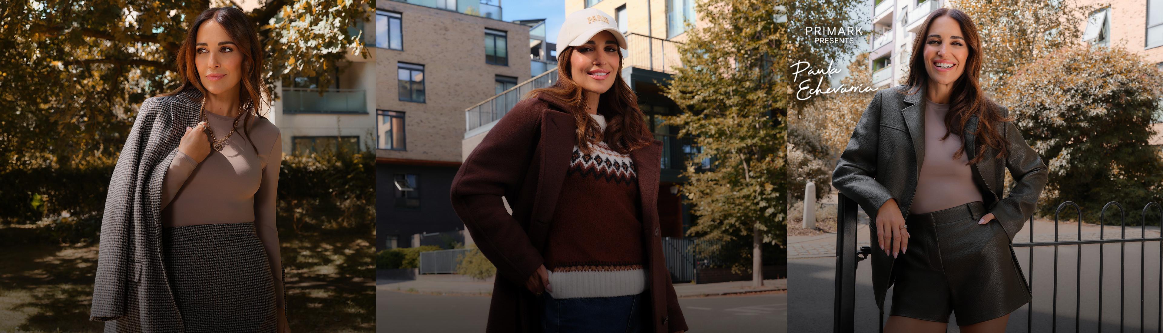 Colección de otoño de Primark que presenta tres conjuntos para disfrutar del aire libre, con abrigos y prendas de temporada.