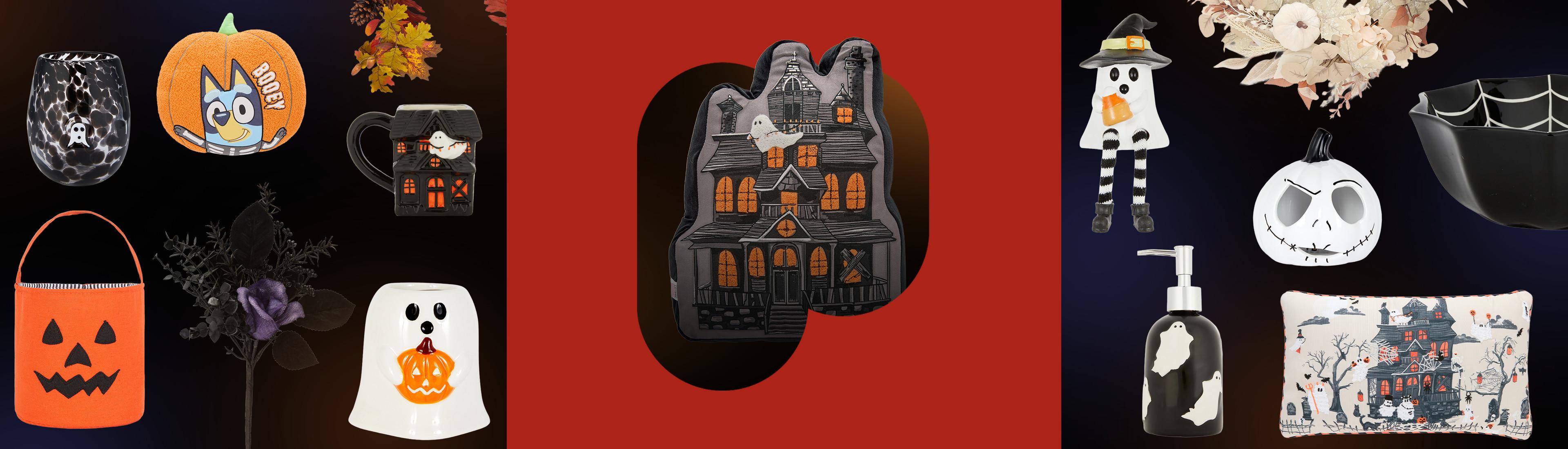 Collection of Halloween decorations including haunted house ornament, ghost figures, pumpkin designs and spooky home accessories.