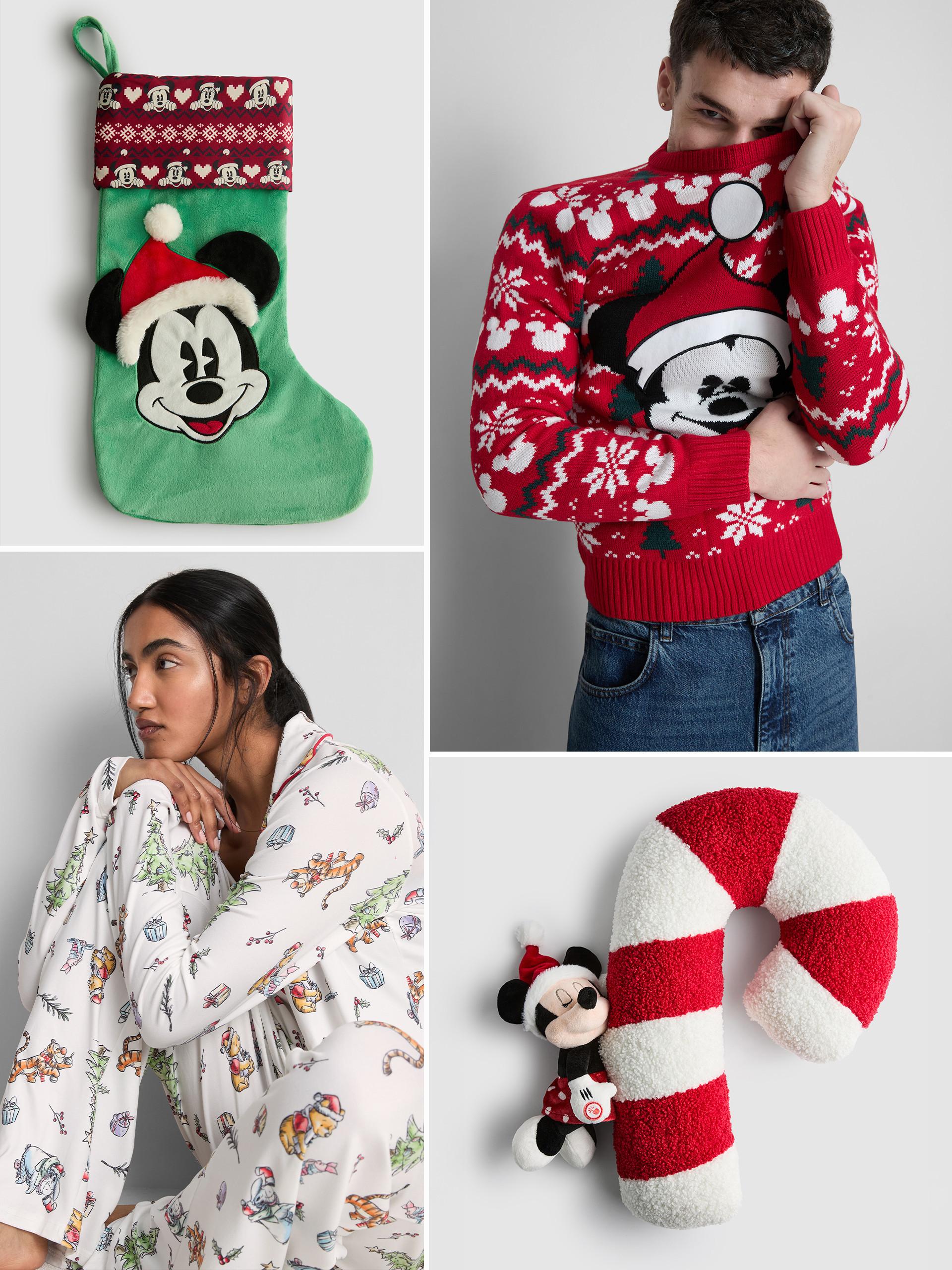 Collection of Disney Mickey Mouse Christmas items including stocking, festive jumper, pyjamas and candy cane cushion.