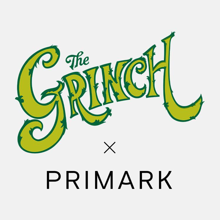The Grinch logo in green and yellow text above the Primark brand name on a light grey background.