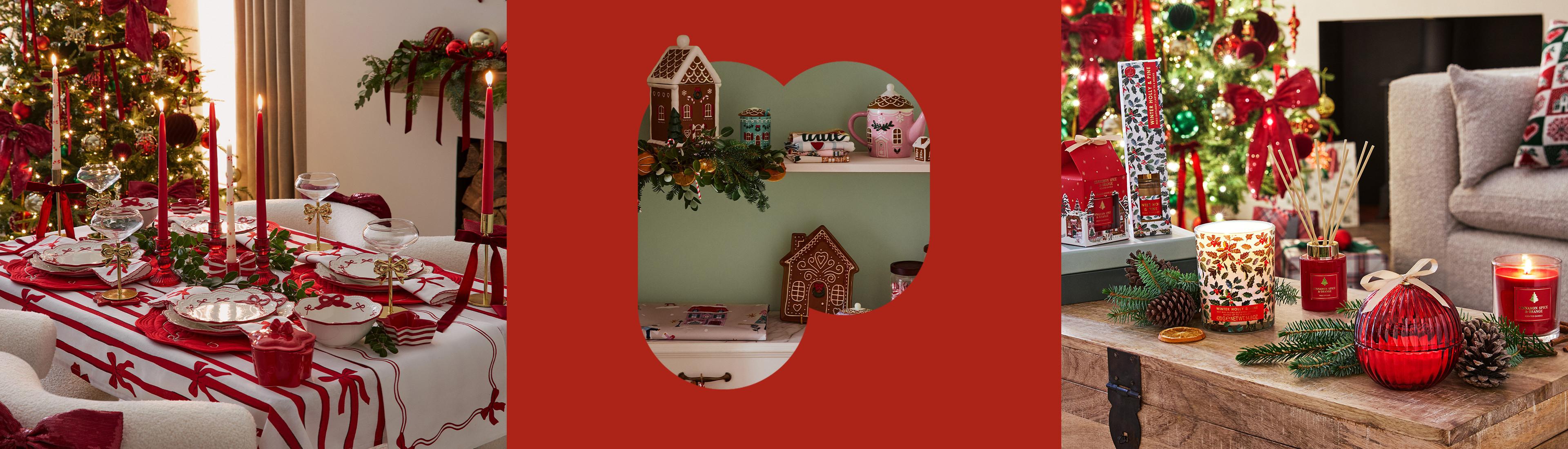 Festive Christmas decorations featuring a table setting, gingerbread house display, and seasonal ornaments on a wooden table.