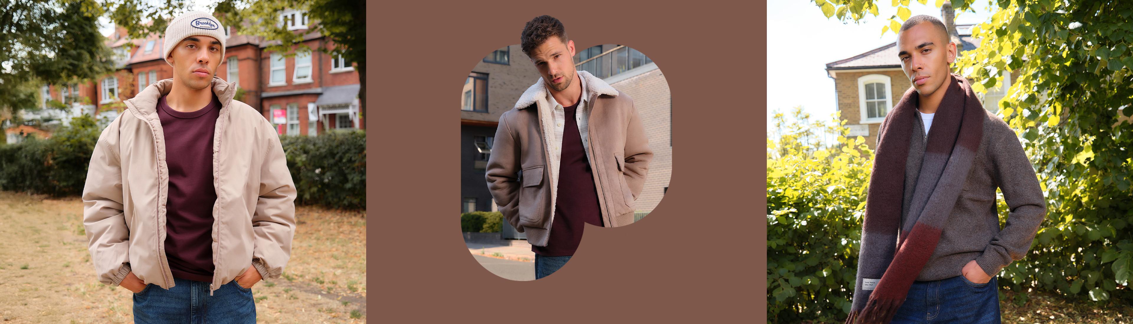 Drei herbstliche Outfits mit burgunderroten Oberteilen, kombiniert mit beigen Jacken und Denim-Jeans.