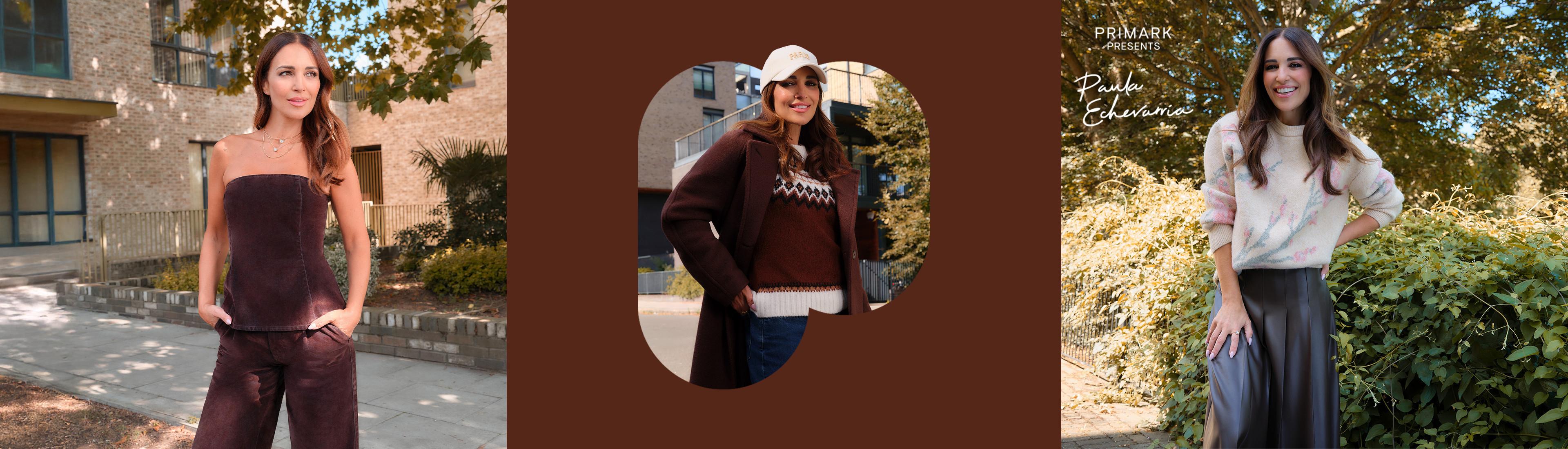 Primark fashion collection featuring autumn outfits including velvet co-ord, brown sweater with coat, and pastel jumper with grey skirt.