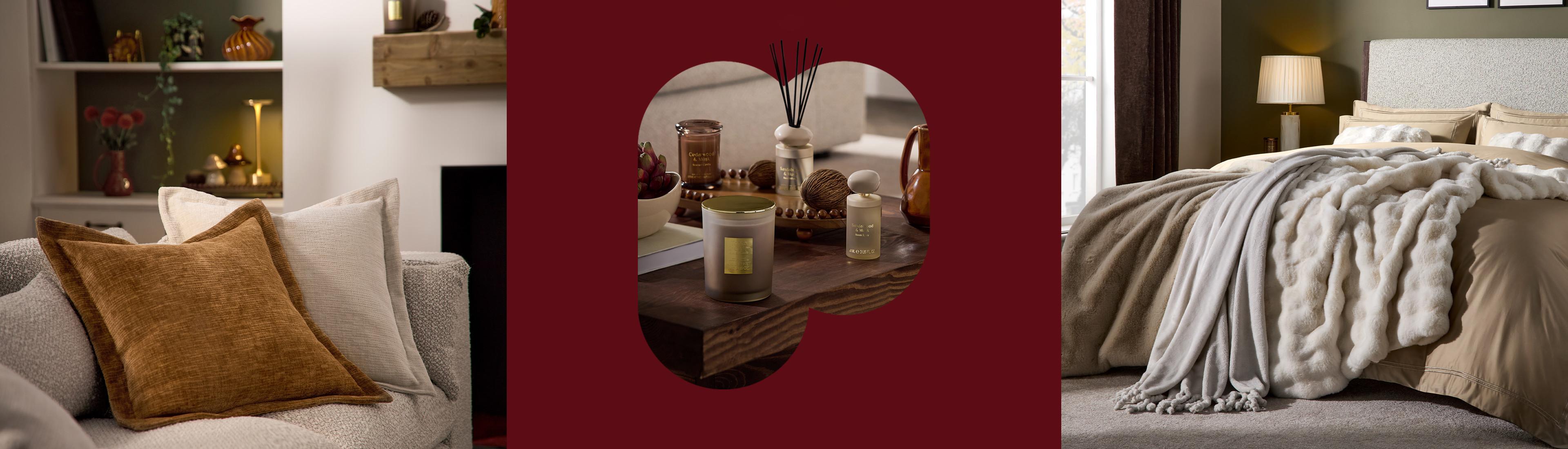 Driedelige afbeelding met gezellige woondecoraties: kussens op de bank, geurkaarsen en -stokjes en luxe beddengoed met textuur.