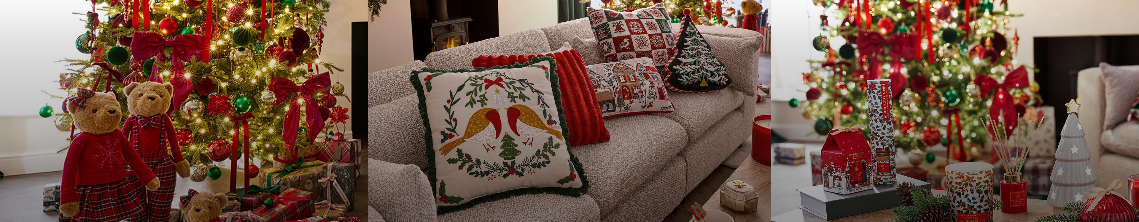 Three festive Christmas scenes showing decorated tree with teddy bears, sofa with holiday cushions, and seasonal ornaments on a table.
