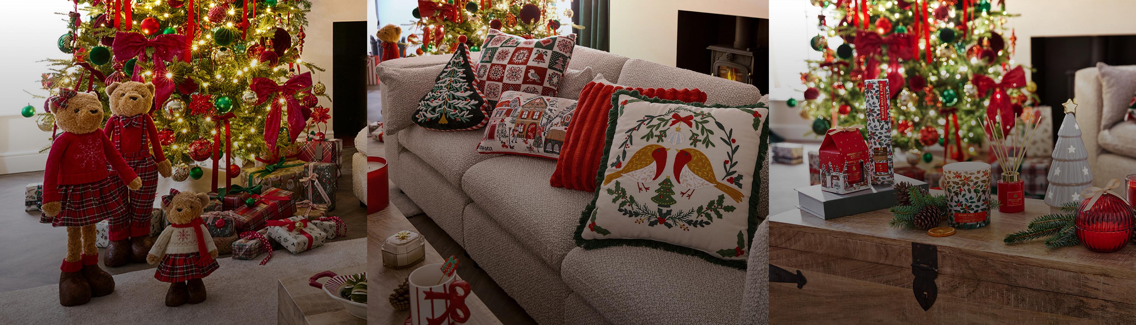 Dreiteiliges Bild mit Weihnachtsdekoration mit geschmücktem Baum, Sofa mit festlichen Kissen und Holztisch mit weihnachtlichen Ornamenten.