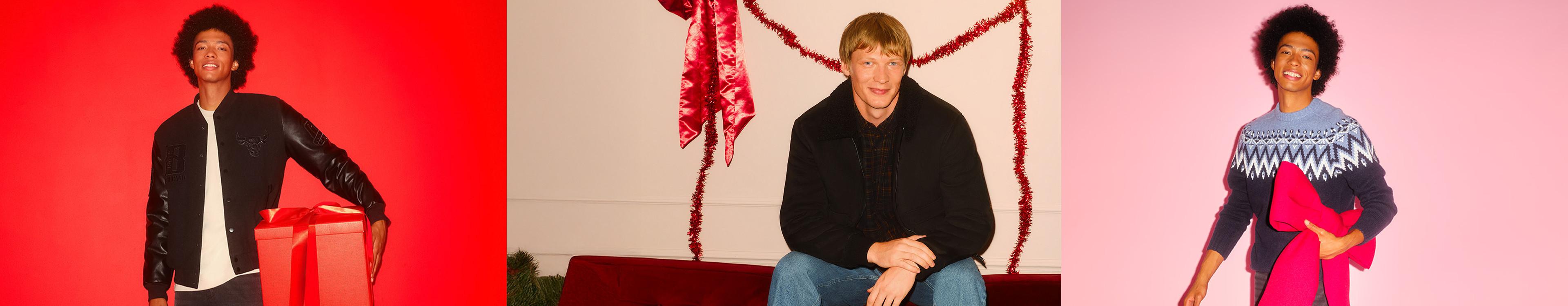 Three people wearing winter fashion in festive settings, holding gifts against colourful backgrounds.